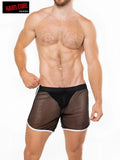 Black mesh peep short boxer briefs with white trim and built-in jockstrap featuring a solid black inner panel