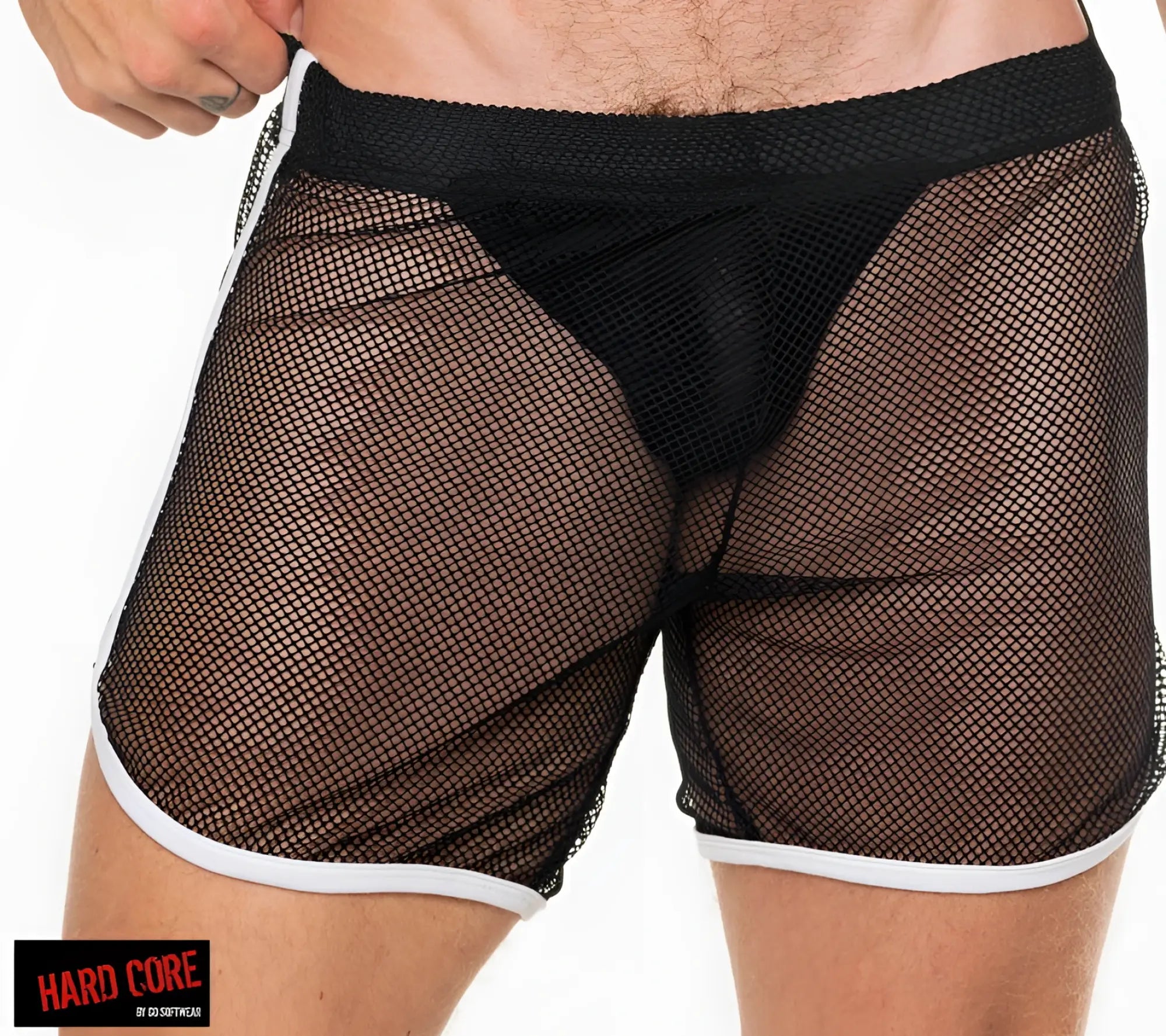 Black mesh peep shorts with white trim and built-in jockstrap featuring a solid black front panel
