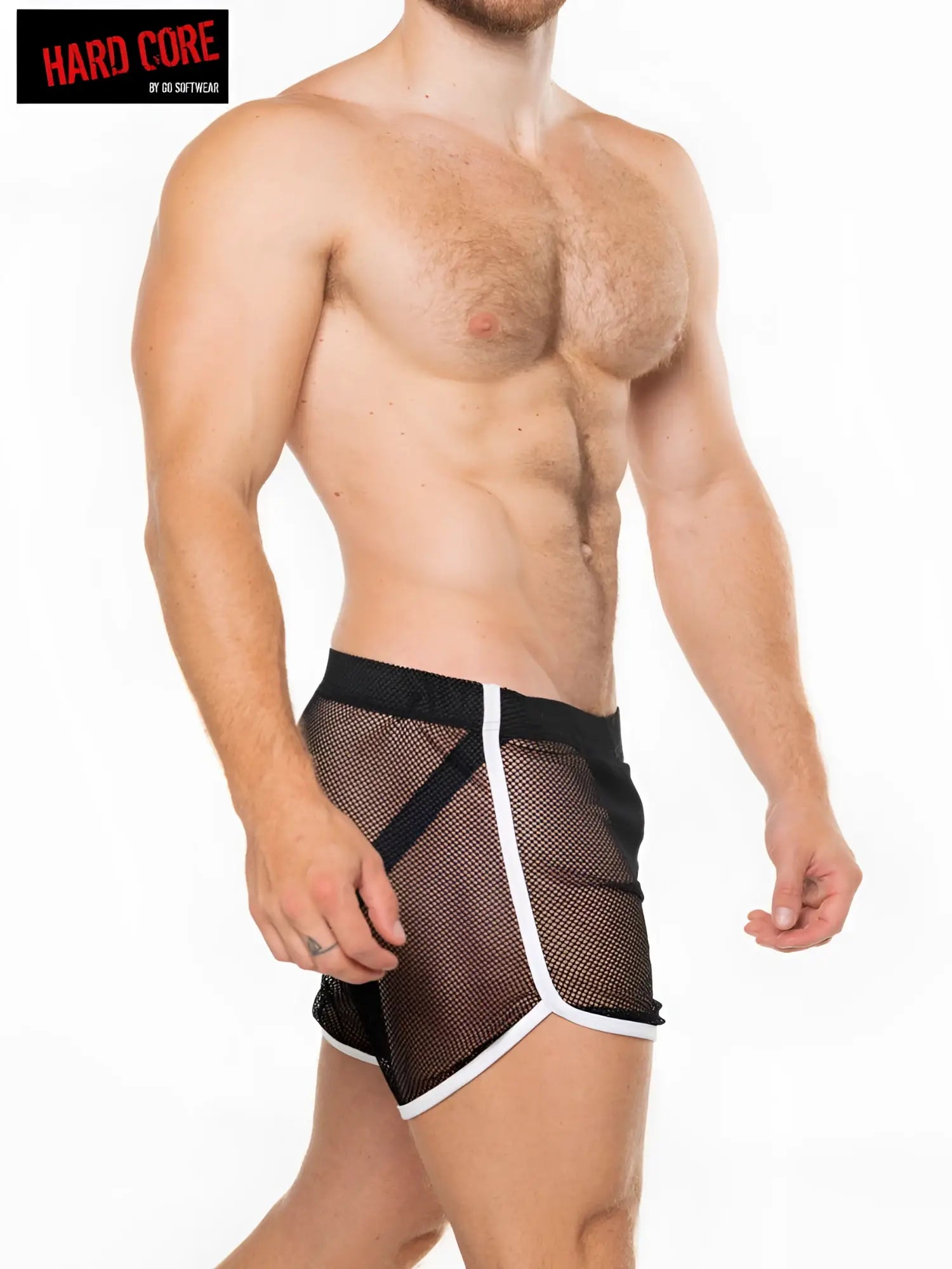 Black mesh peep shorts with built-in jockstrap featuring white trim and bold black diagonal stripe