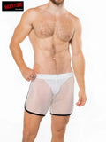 White mesh boxer briefs with black trim and white waistband featuring hard core by softwear branding peep short with built-in jockstrap