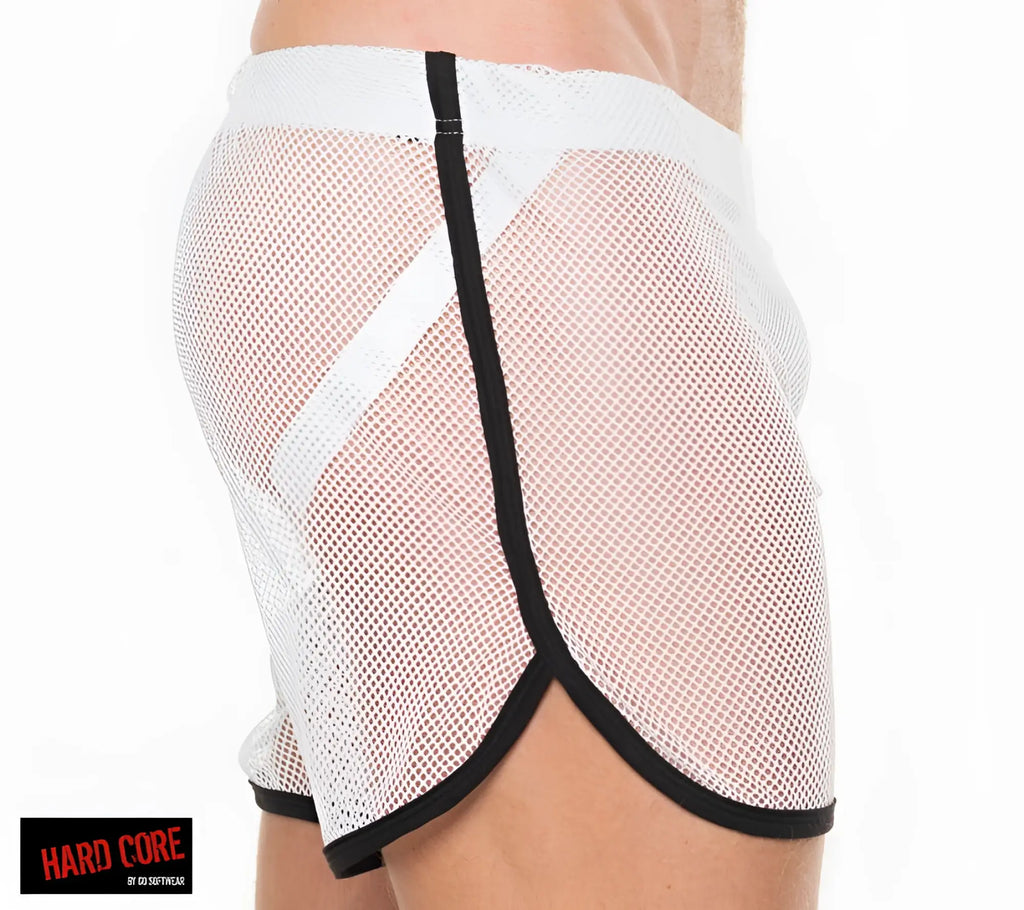 Peep short white mesh shorts with black trim and bold diagonal stripe featuring built-in jockstrap and athletic cut