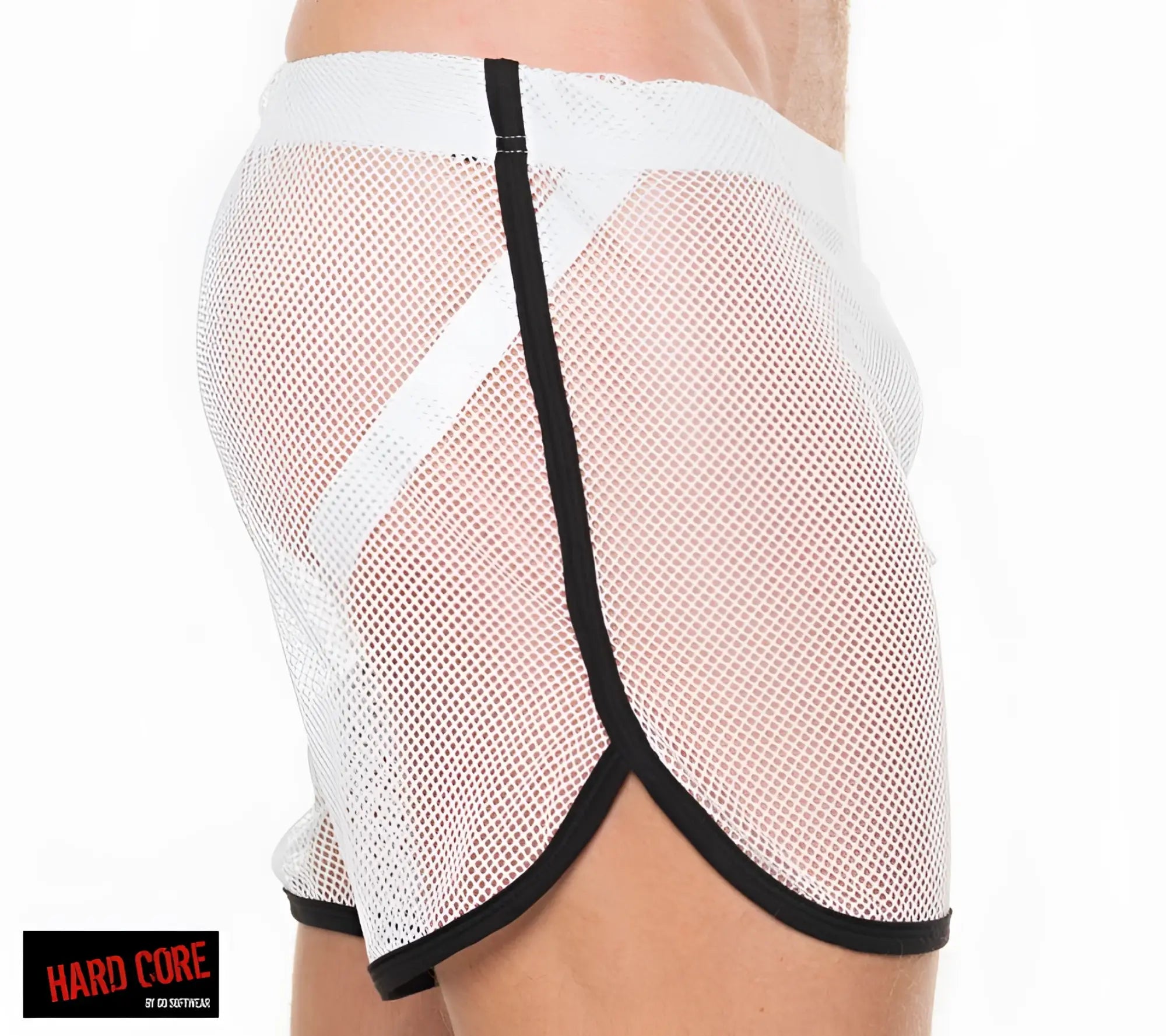 Peep short white mesh shorts with black trim and bold diagonal stripe featuring built-in jockstrap and athletic cut