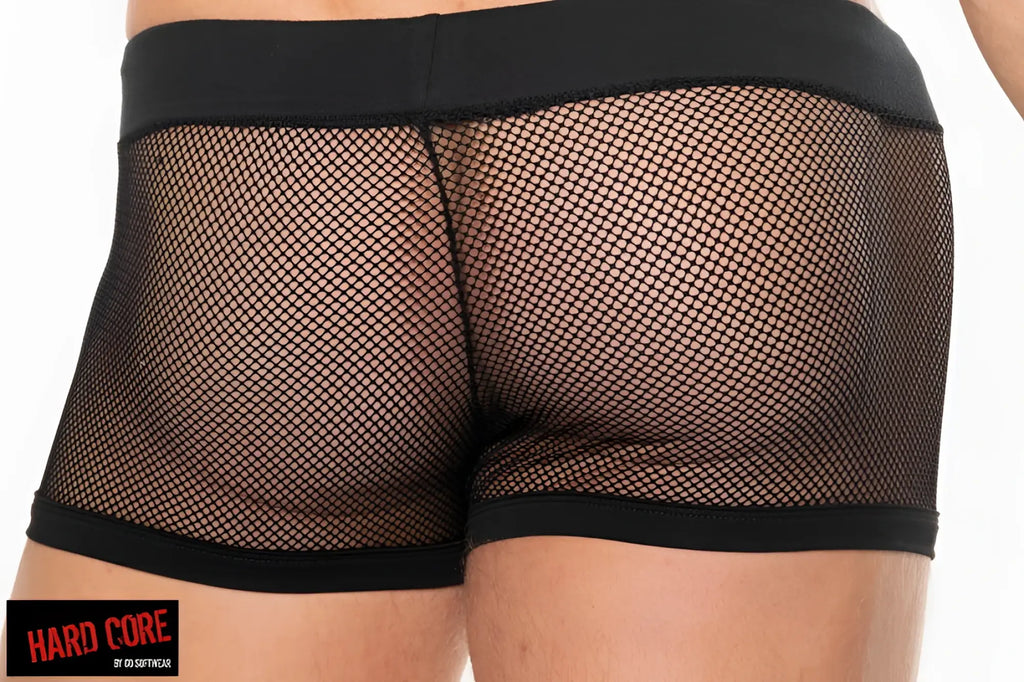 Black mesh peep short briefs with solid black elastic waistband and leg openings featuring a drawcord closure