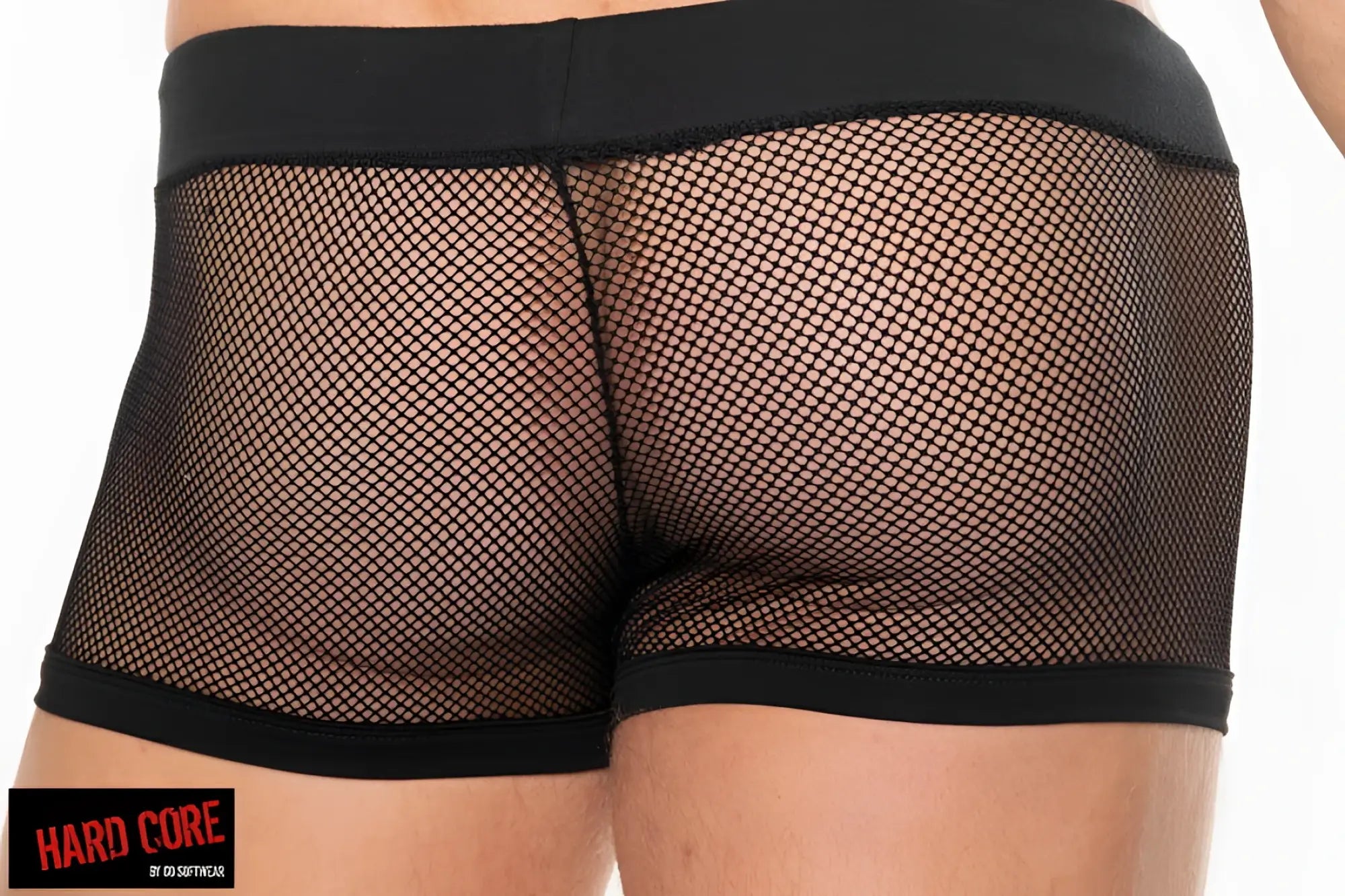 Black mesh peep short briefs with solid black elastic waistband and leg openings featuring a drawcord closure