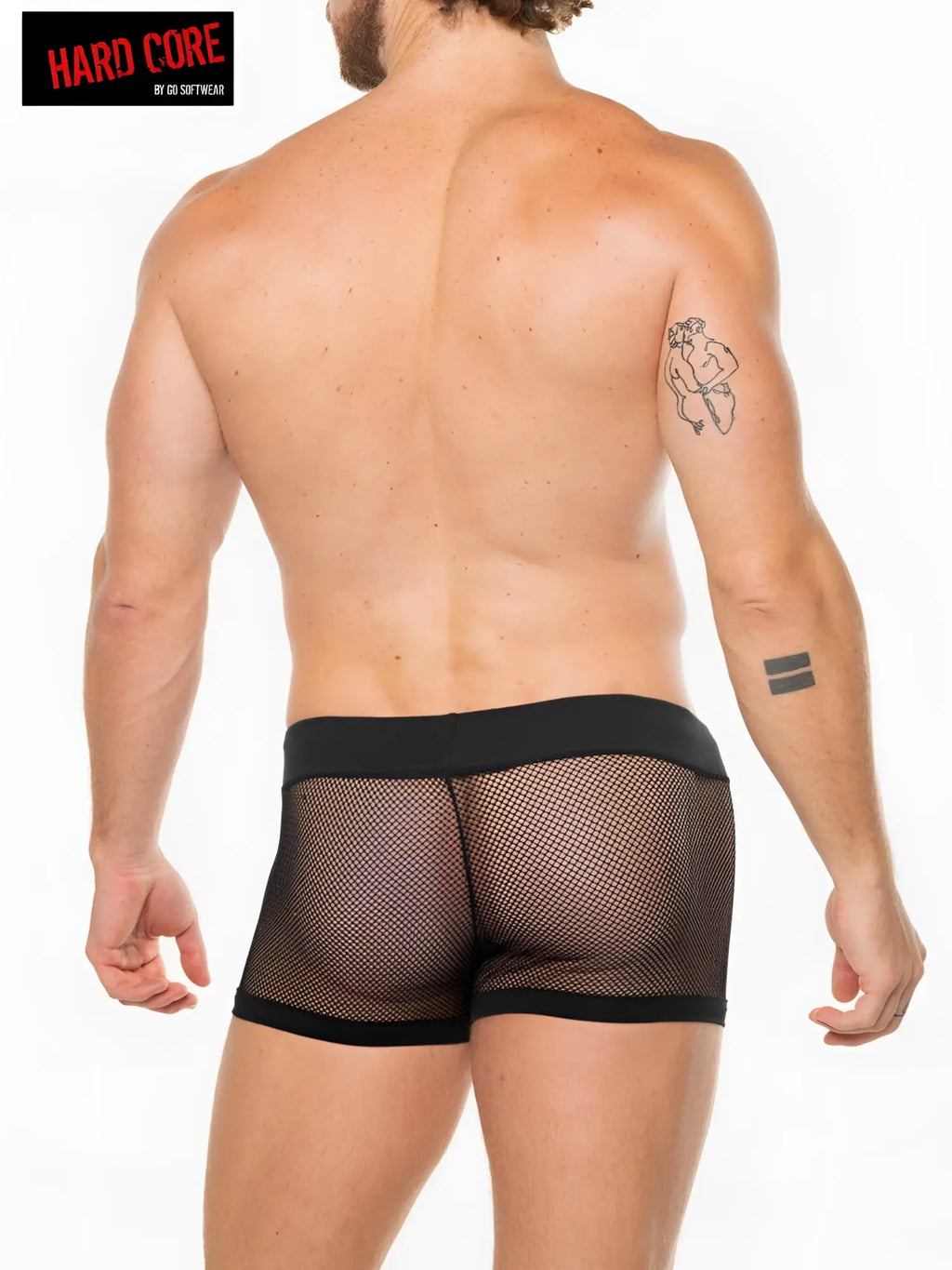 Black mesh peep short briefs with solid black waistband and leg openings and adjustable drawcord