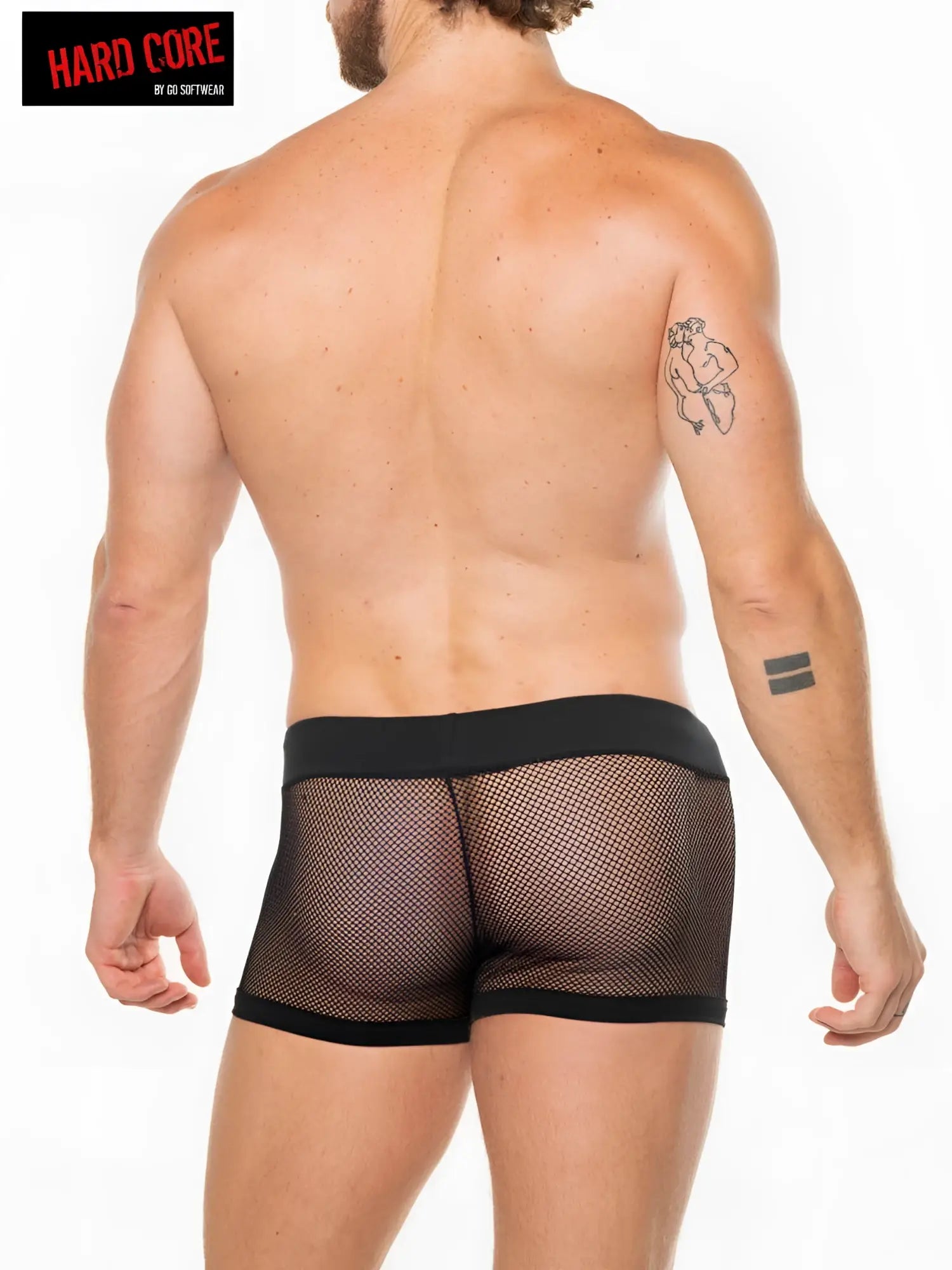 Black mesh peep short briefs with solid black waistband and leg openings and adjustable drawcord