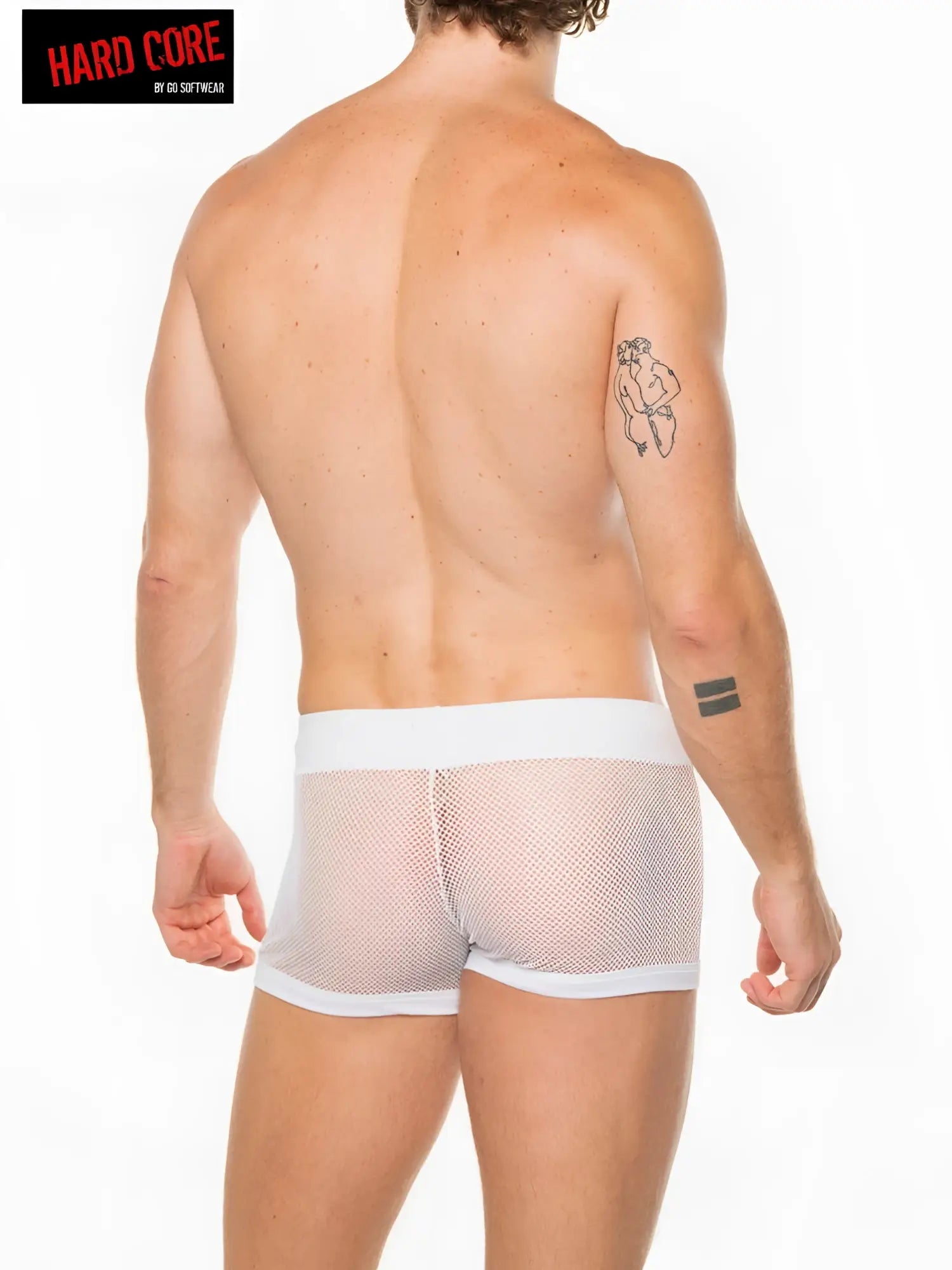White mesh briefs with solid white waistband designed by hard core by go softwear peep short with drawcord front view