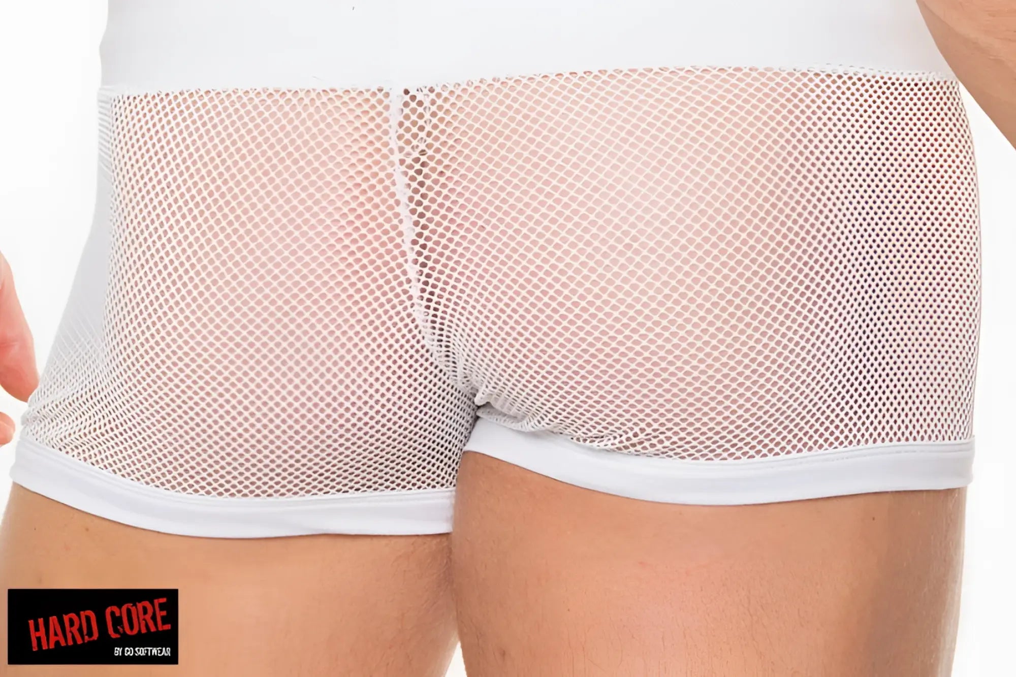 White mesh peep short briefs with a solid white waistband and leg openings featuring a drawcord closure