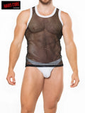 Peep tank top black mesh with white trim and gray waistband featuring hard core branding front view