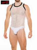White mesh tank top with black trim by hard core by go softwear called peep tank top, front view