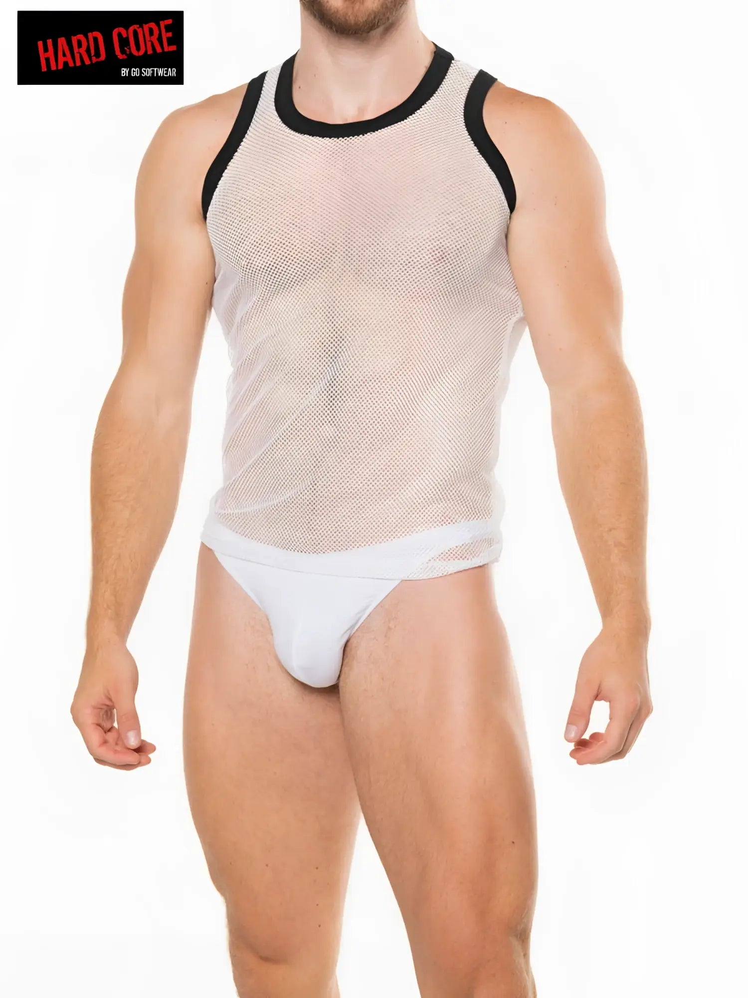 White mesh tank top with black trim by hard core by go softwear called peep tank top, front view