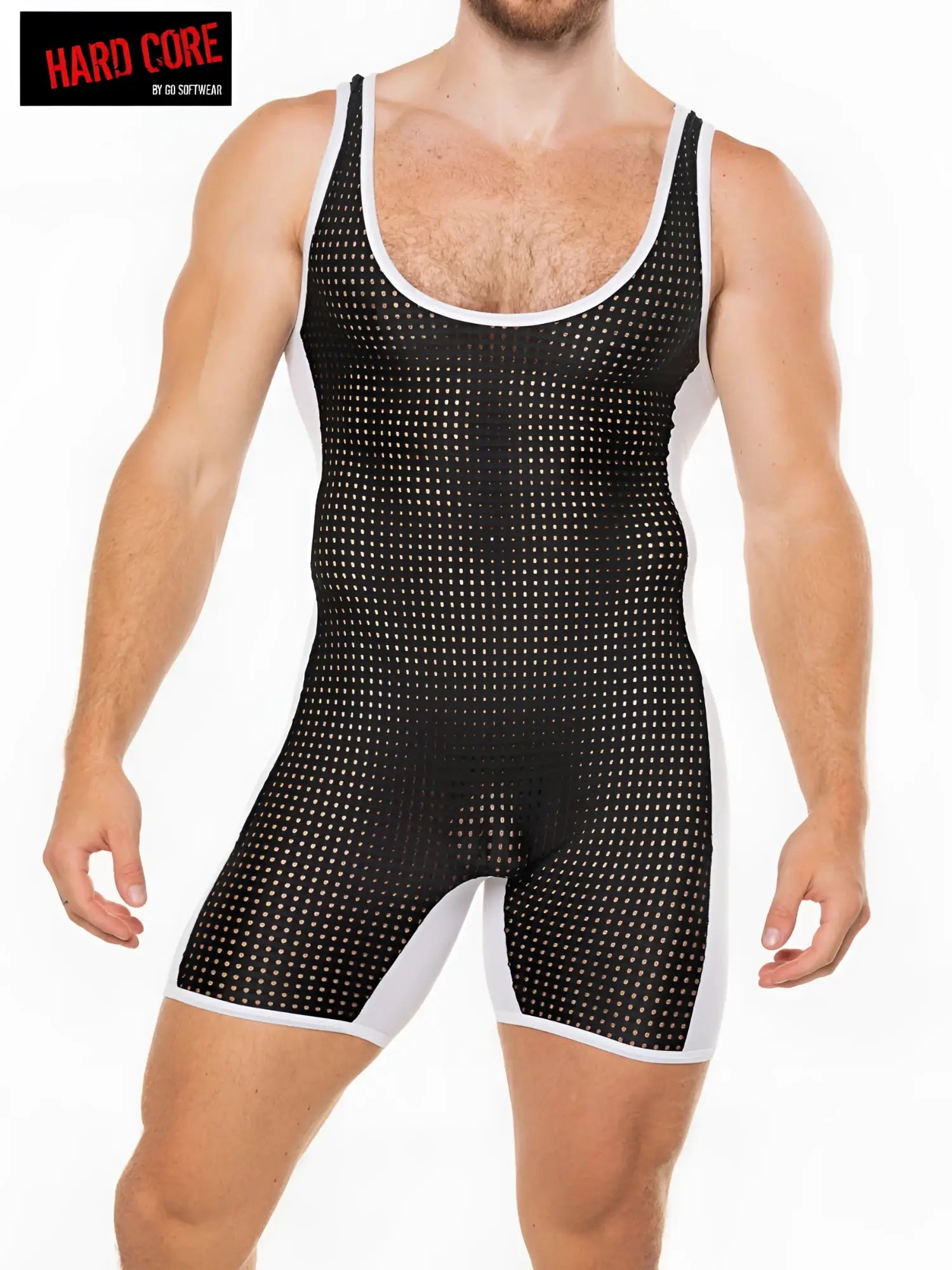 Black and white mesh singlet peep wrestler with fitted form-fitting design for wrestling use