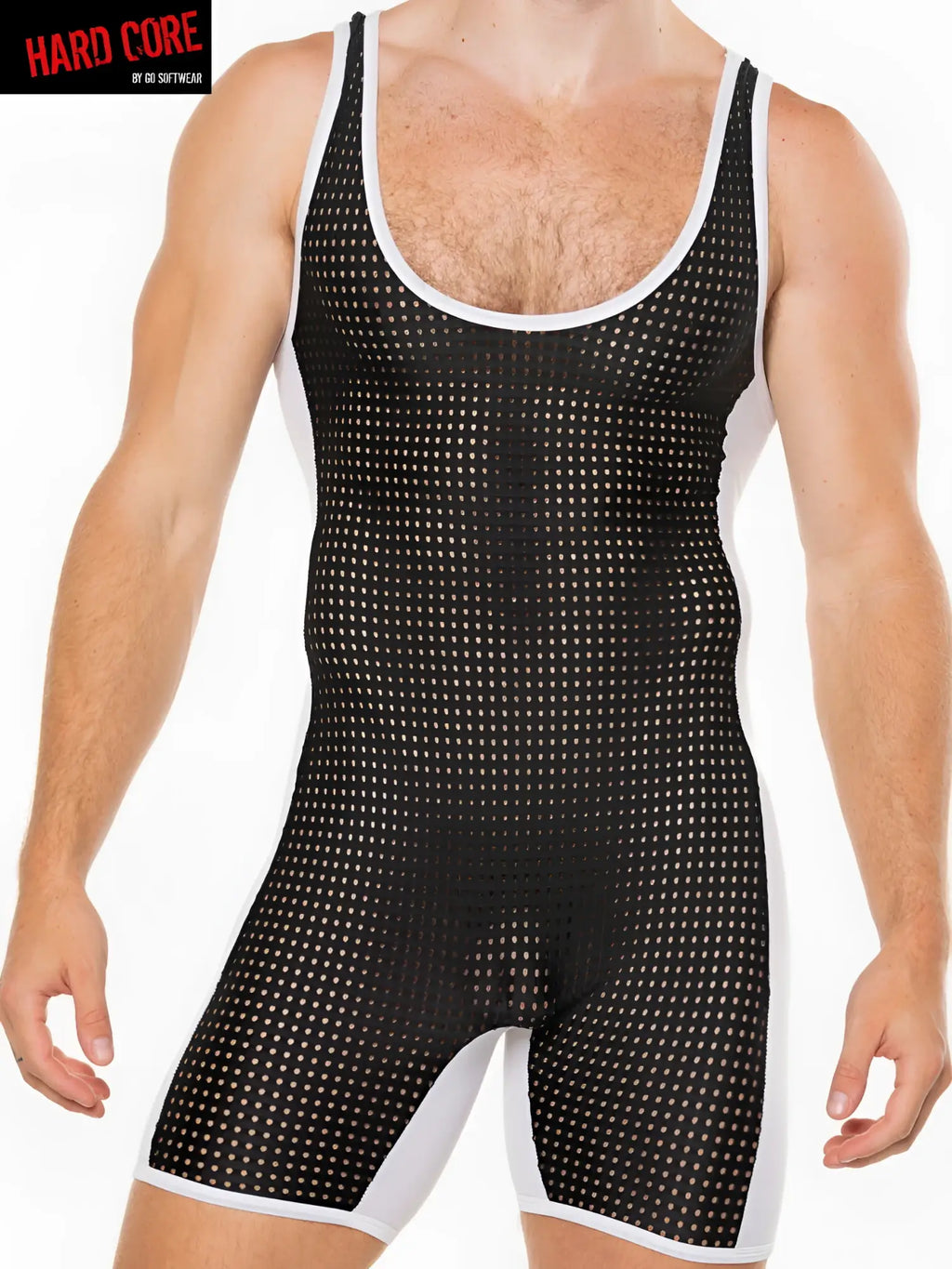 Black and white mesh singlet peep wrestler with tight form-fitting design ideal for wrestling use