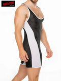 Black and white perforated mesh wrestling singlet with bold diagonal stripe for competitive wrestling use