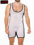 White mesh wrestling singlet peep wrestler with black trim and snug form-fitting design
