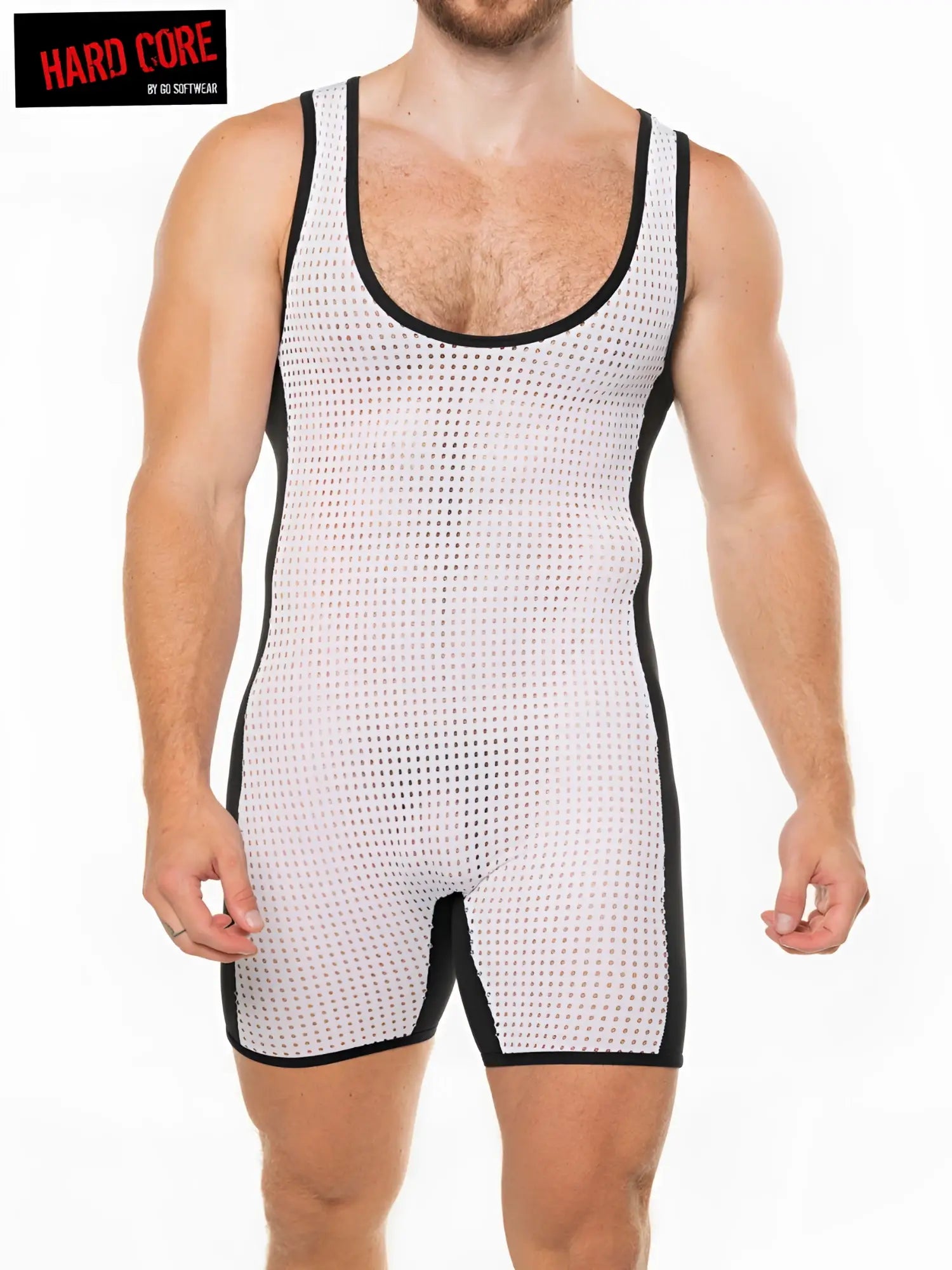 White mesh wrestling singlet peep wrestler with black trim and snug form-fitting design