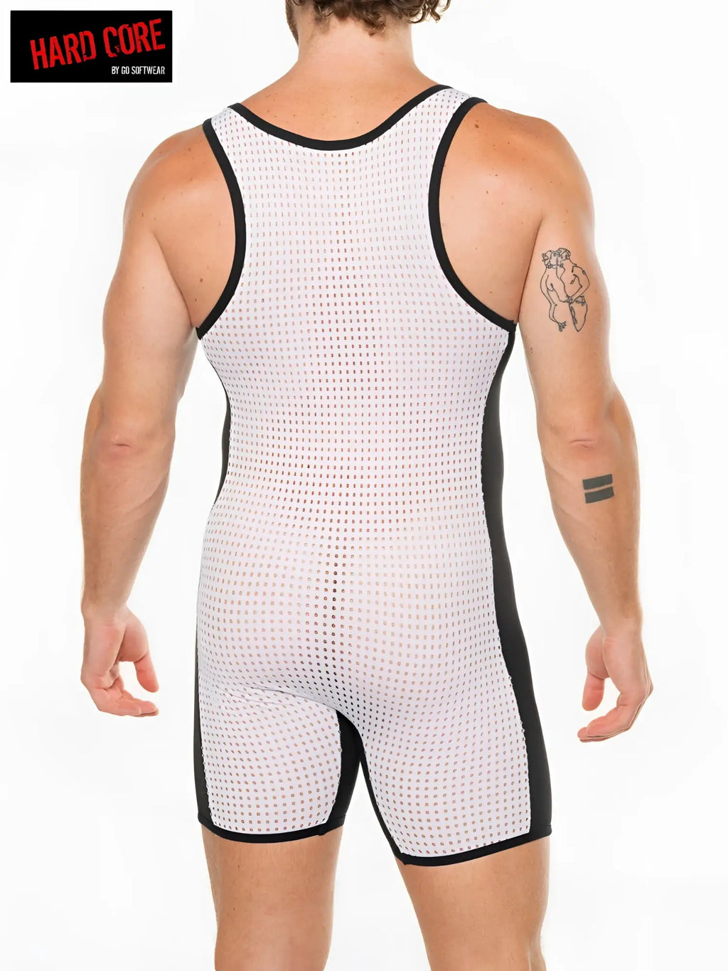 White mesh wrestling singlet with black trim and side panels branded as hard core by 02 softwear peep wrestler model