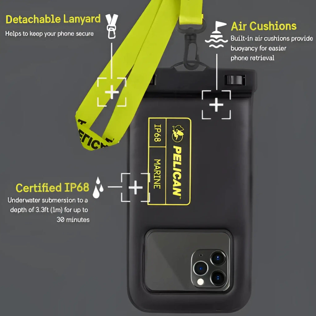 Black pelican marine waterproof floating pouch with ip68 rating yellow detachable lanyard and air cushions