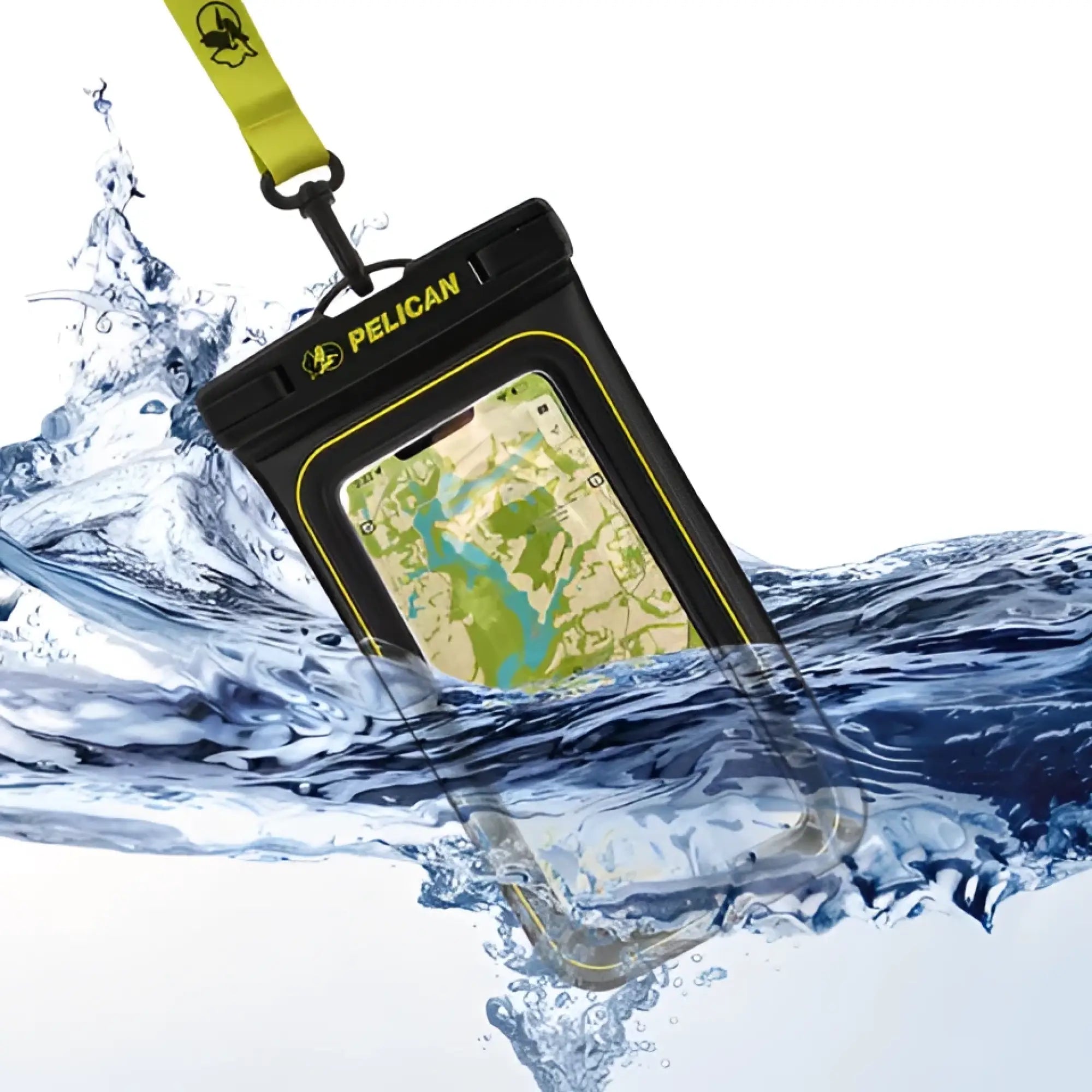 Black and neon yellow pelican marine waterproof floating pouch with clear front panel protects smartphones underwater
