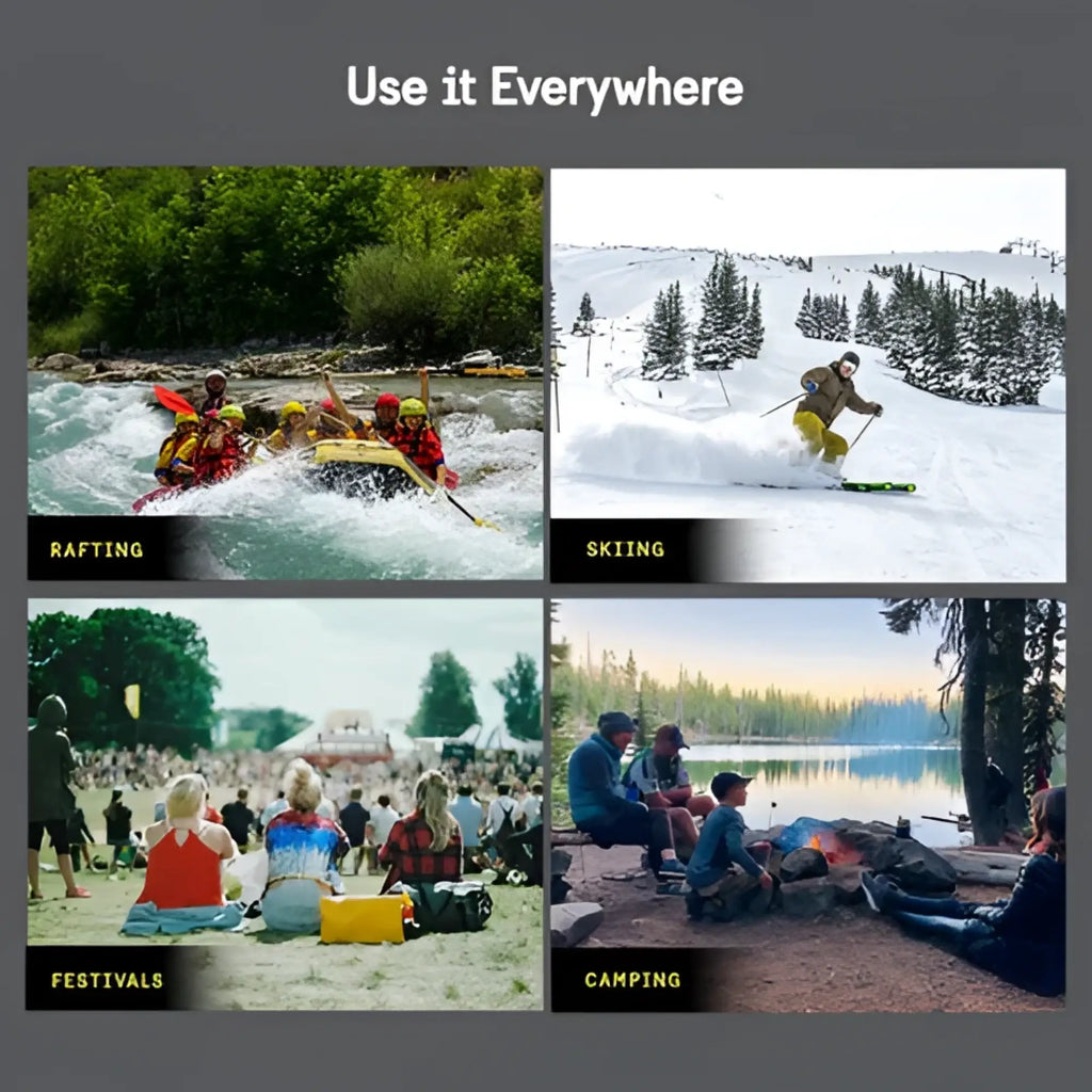 Pelican marine waterproof floating pouch in black and yellow shown with rafting skiing festivals and camping scenes