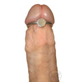 Silver-toned penis head glans ring with smooth flat center band and pressure point worn at base of erect penis