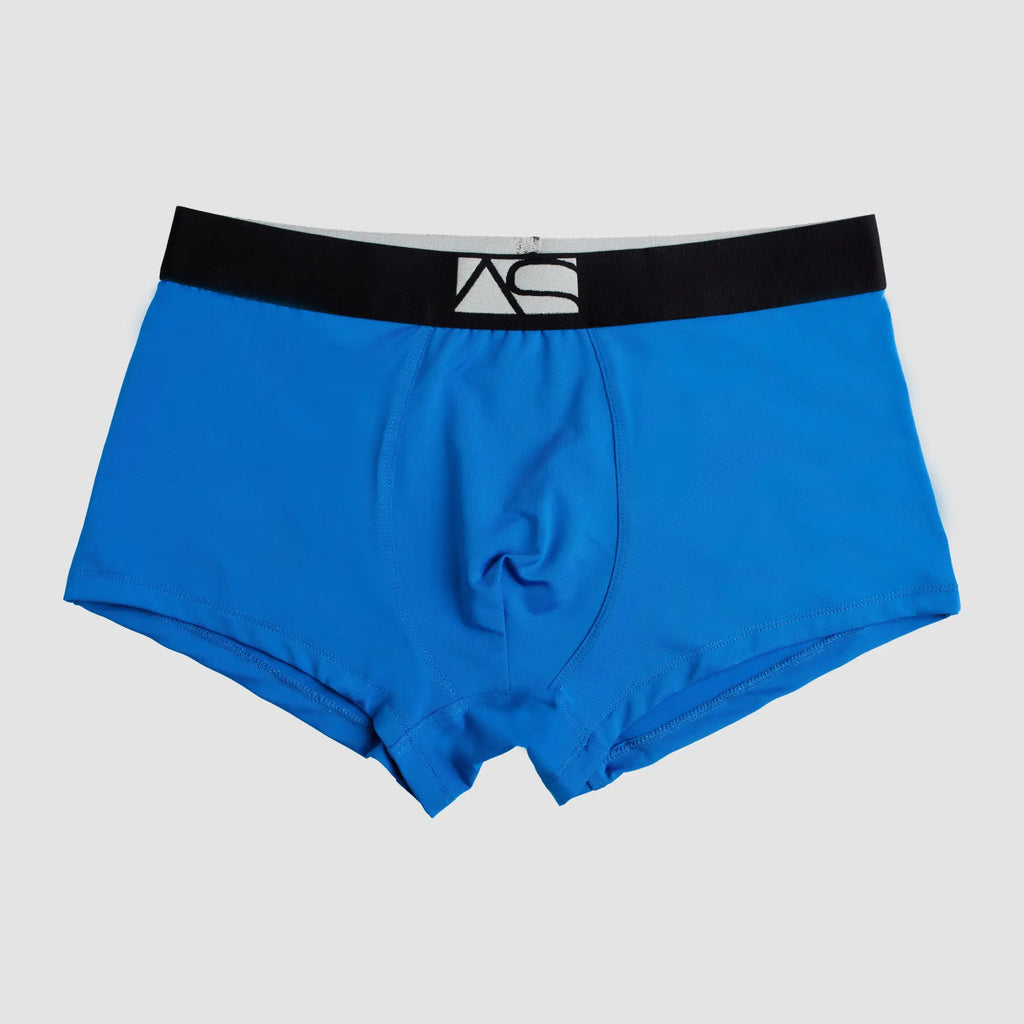 Bright blue perfect boyshorts men’s boxer briefs with black waistband and white logo for comfortable daily wear