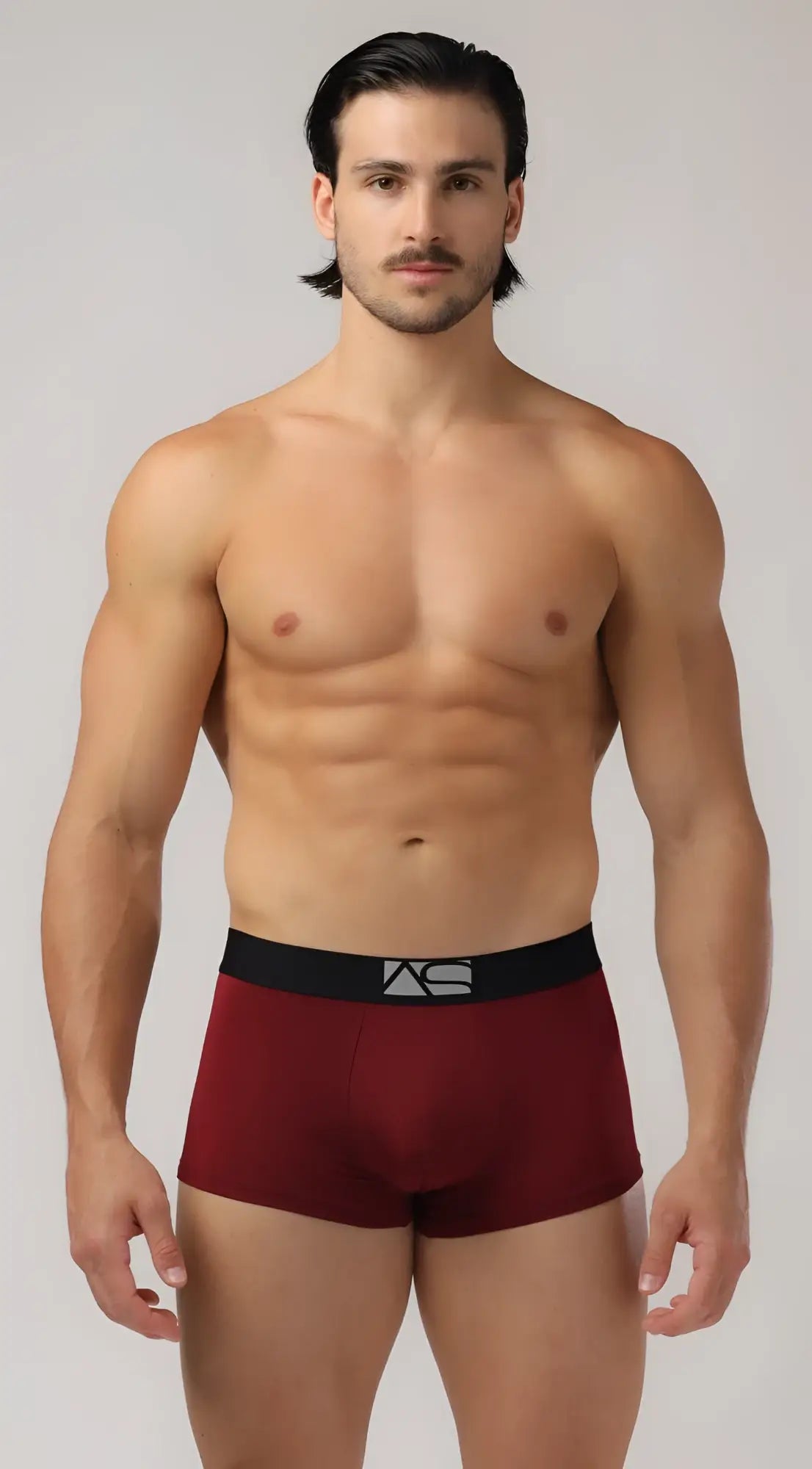 Perfect boyshorts maroon boxer briefs with black elastic waistband and silver logo for comfortable everyday wear