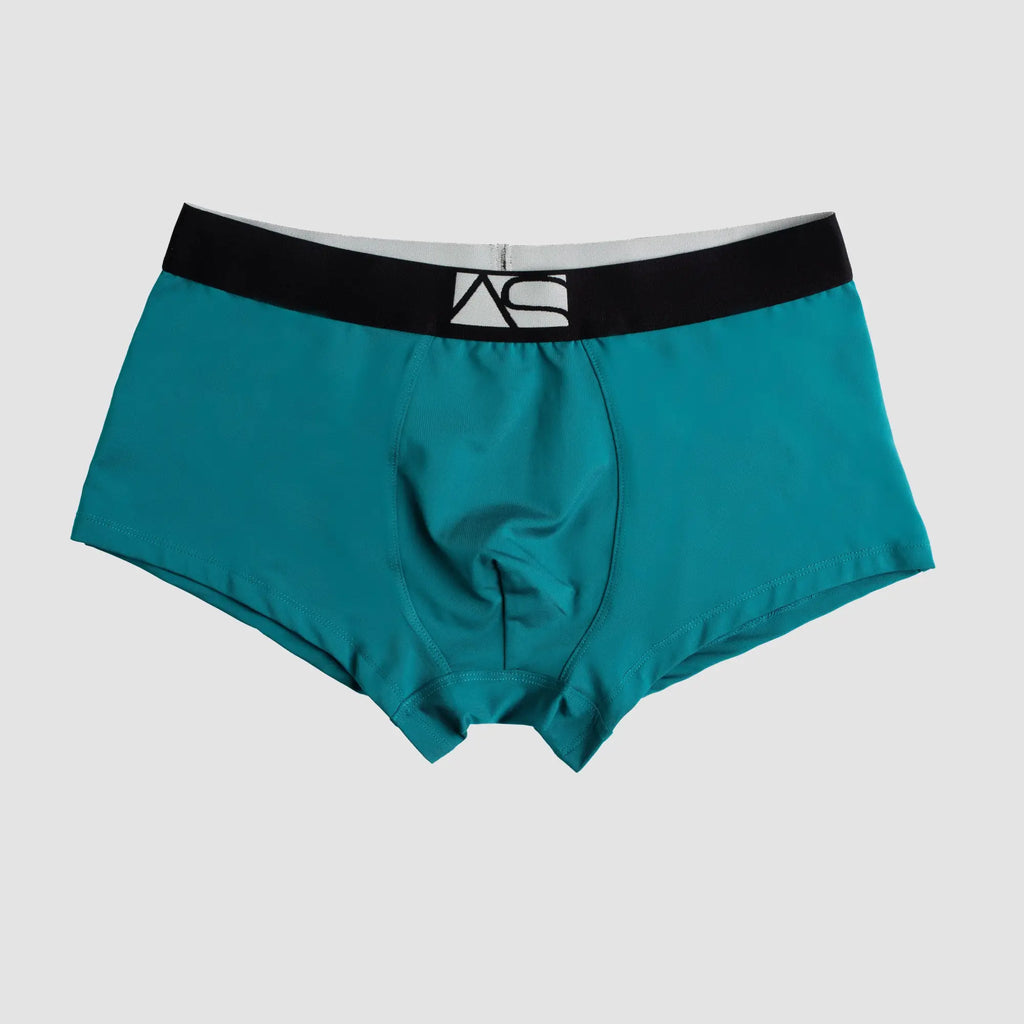Perfect boyshorts teal men’s boxer briefs with black waistband and white logo designed for comfort and support