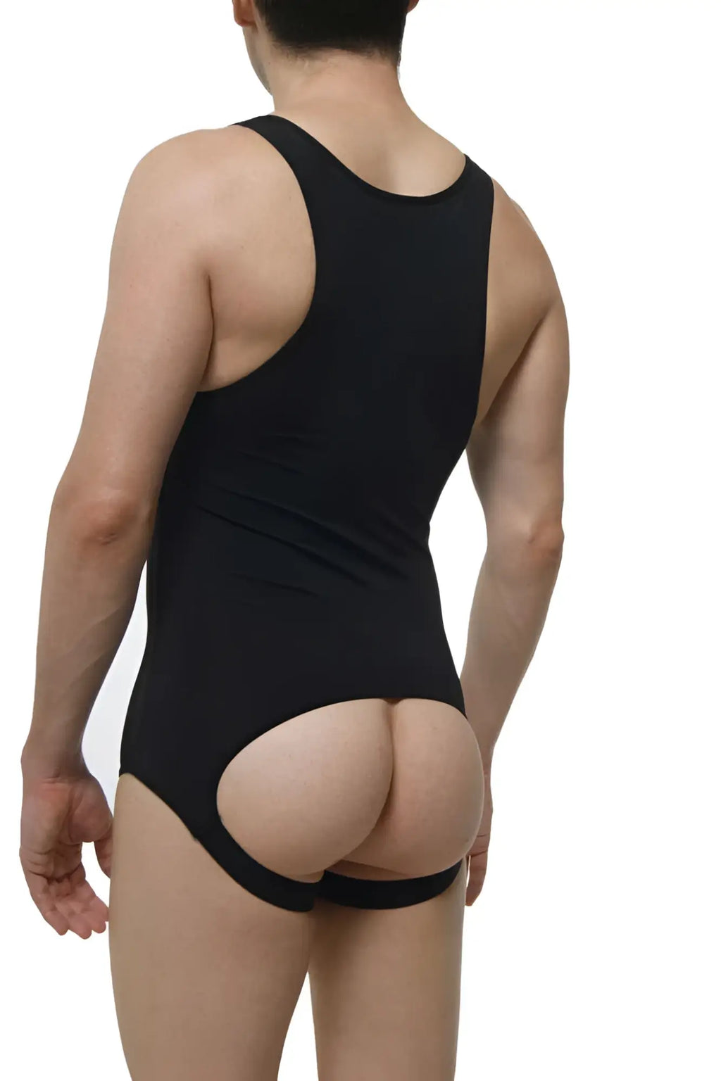 Back view of black Petit-Q open pouch jock strap singlet bodysuit with cutout in size L