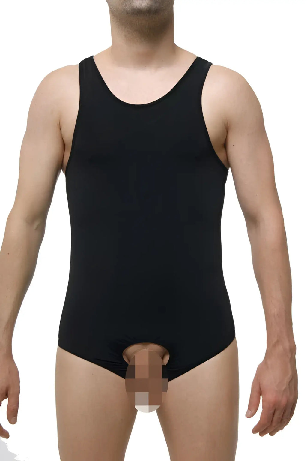 Black Petit-Q open pouch jock strap singlet bodysuit with front cutout in size L for bold lingerie wear