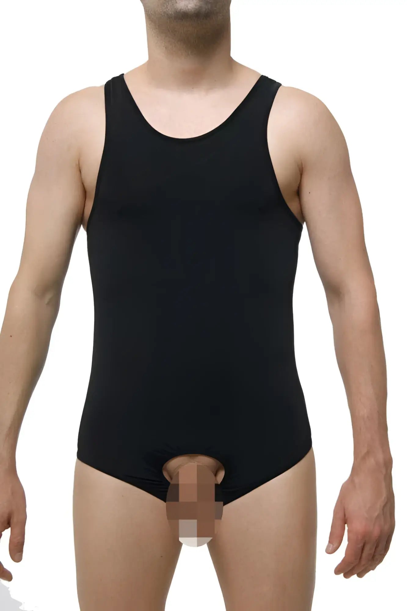 Black Petit-Q open pouch jock strap singlet bodysuit with front cutout in size L for bold lingerie wear