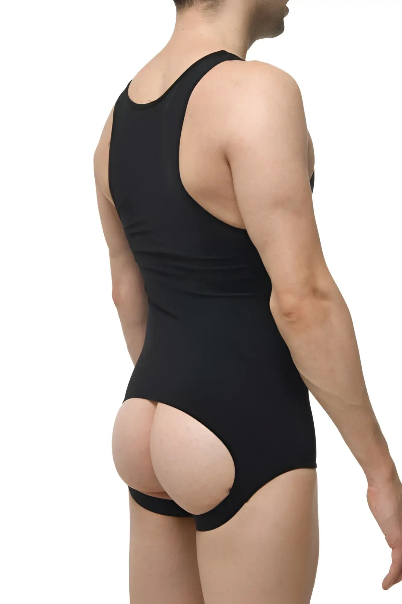 Back view of petit-q open pouch jock strap singlet bodysuit black with racerback and buttocks cutout size l