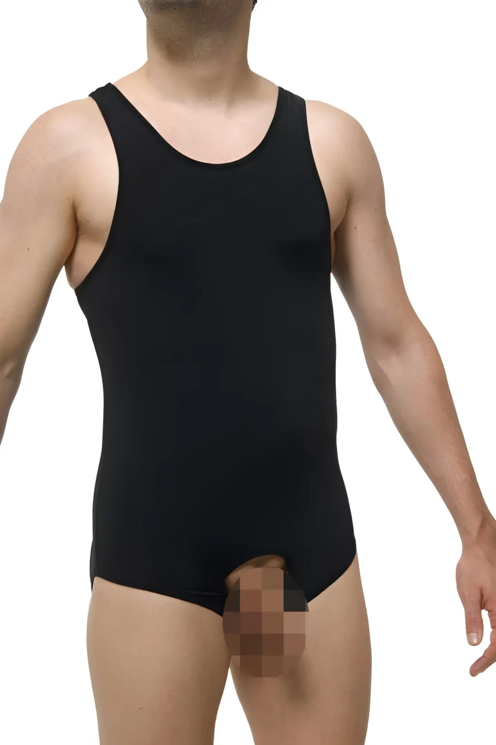 Black petit-q open pouch jock strap singlet bodysuit with rounded neckline and snug fit size large