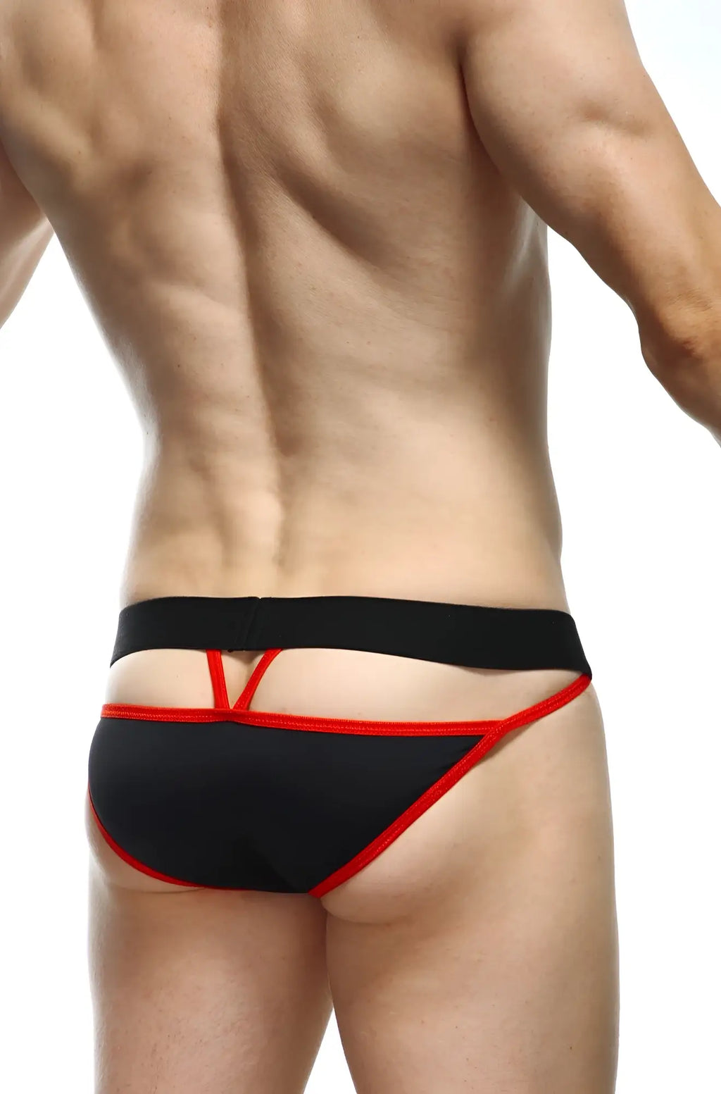 Black and red petitq bikini aissey thong with cutout design showing the back side in a stylish look
