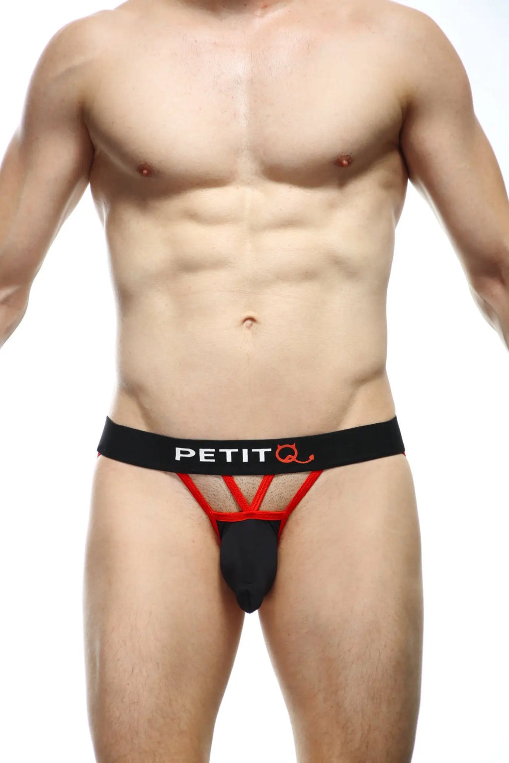Petitq bikini aissey black featuring a black and red mesh petitq thong with a sporty and stylish design