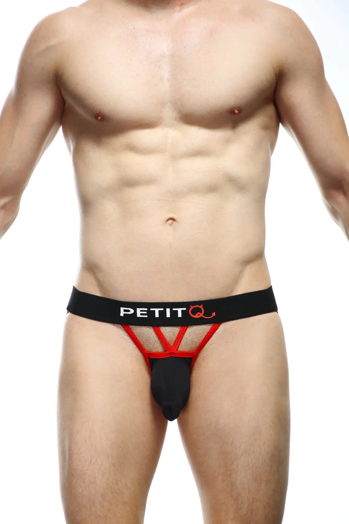 Petitq bikini aissey black featuring a black and red mesh petitq thong with a sporty and stylish design