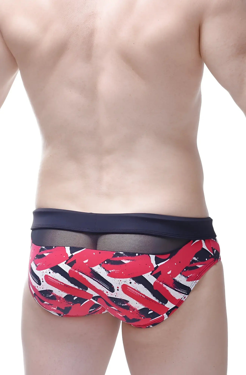 Red black and white abstract brushstroke swim trunks with navy blue mesh waistband from petitq bikini ajoupa chick