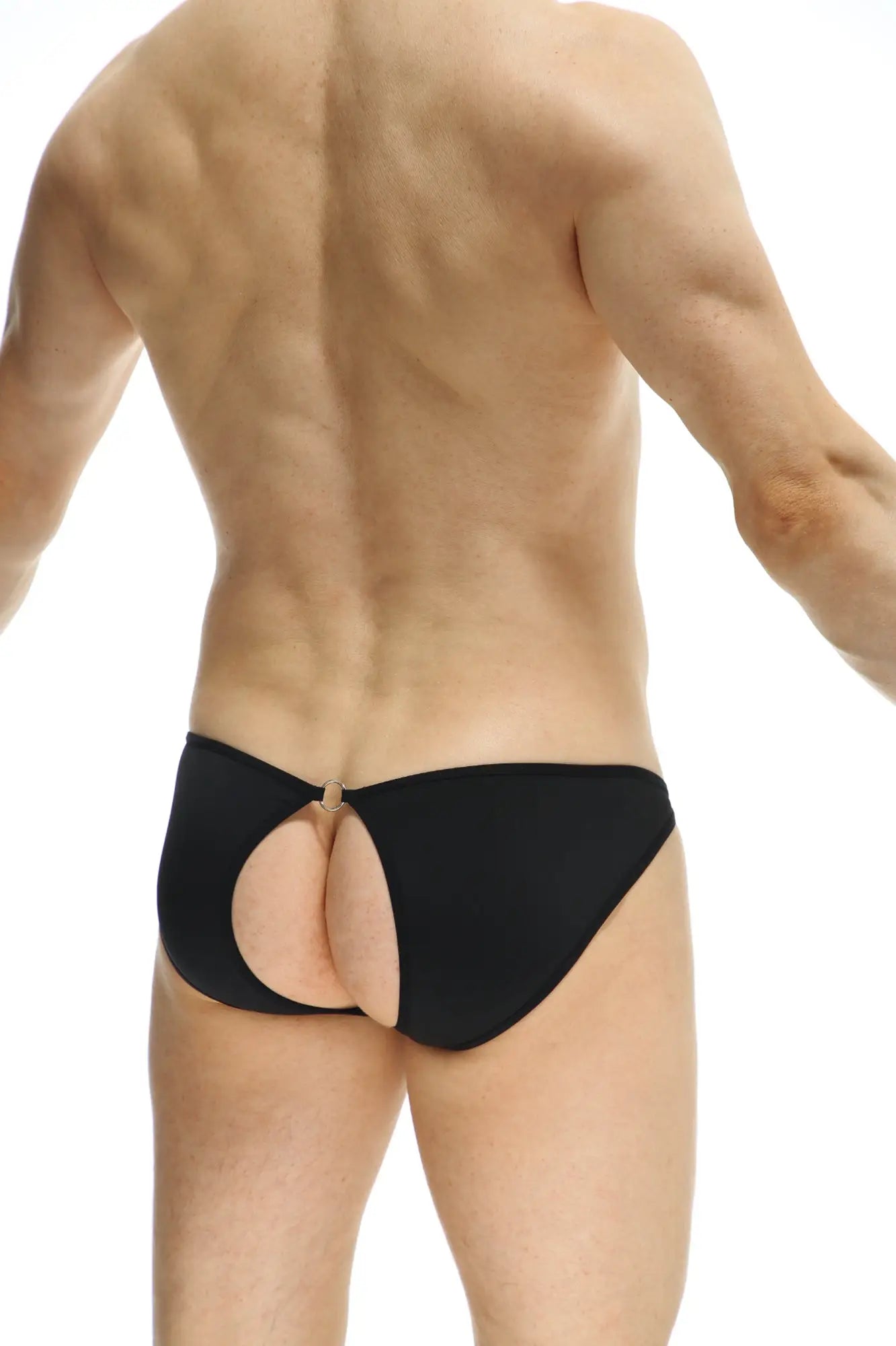 Back view of petitq bikini auxy black form-fitting briefs with a cutout and small metallic clasp
