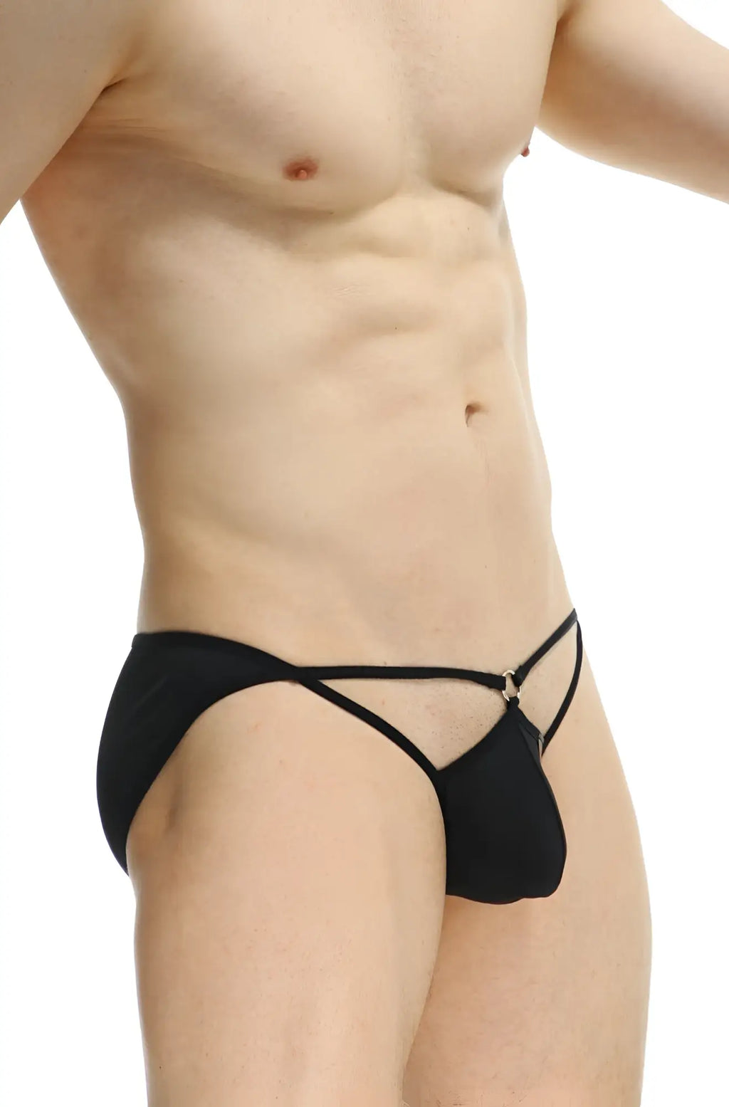 Petitq bikini auxy black form-fitting men’s thong with crisscross design and central metallic clasp in black