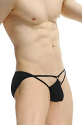Petitq bikini auxy black form-fitting men’s thong with crisscross design and central metallic clasp in black