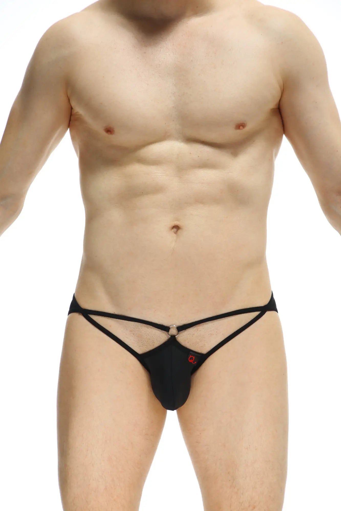 Petitq bikini auxy black sleek black thong with crisscross design across hips shown from the back side