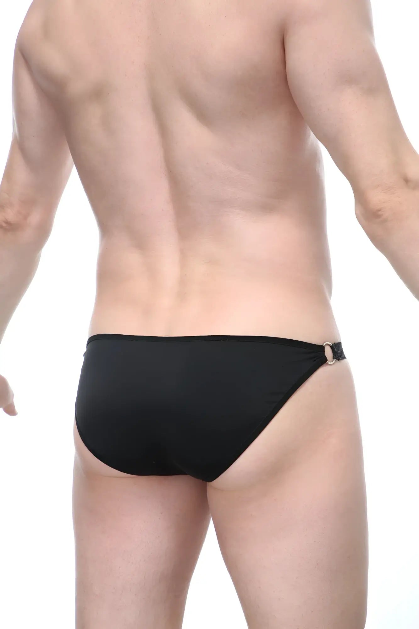 PetitQ bikini Bayel black swim trunks with sleek form-fitting design and metallic buckle on the side