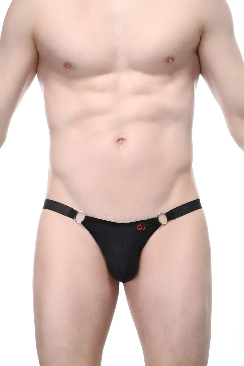 Black thong bikini petitq bayel with silver metal rings at sides and small red logo on the front
