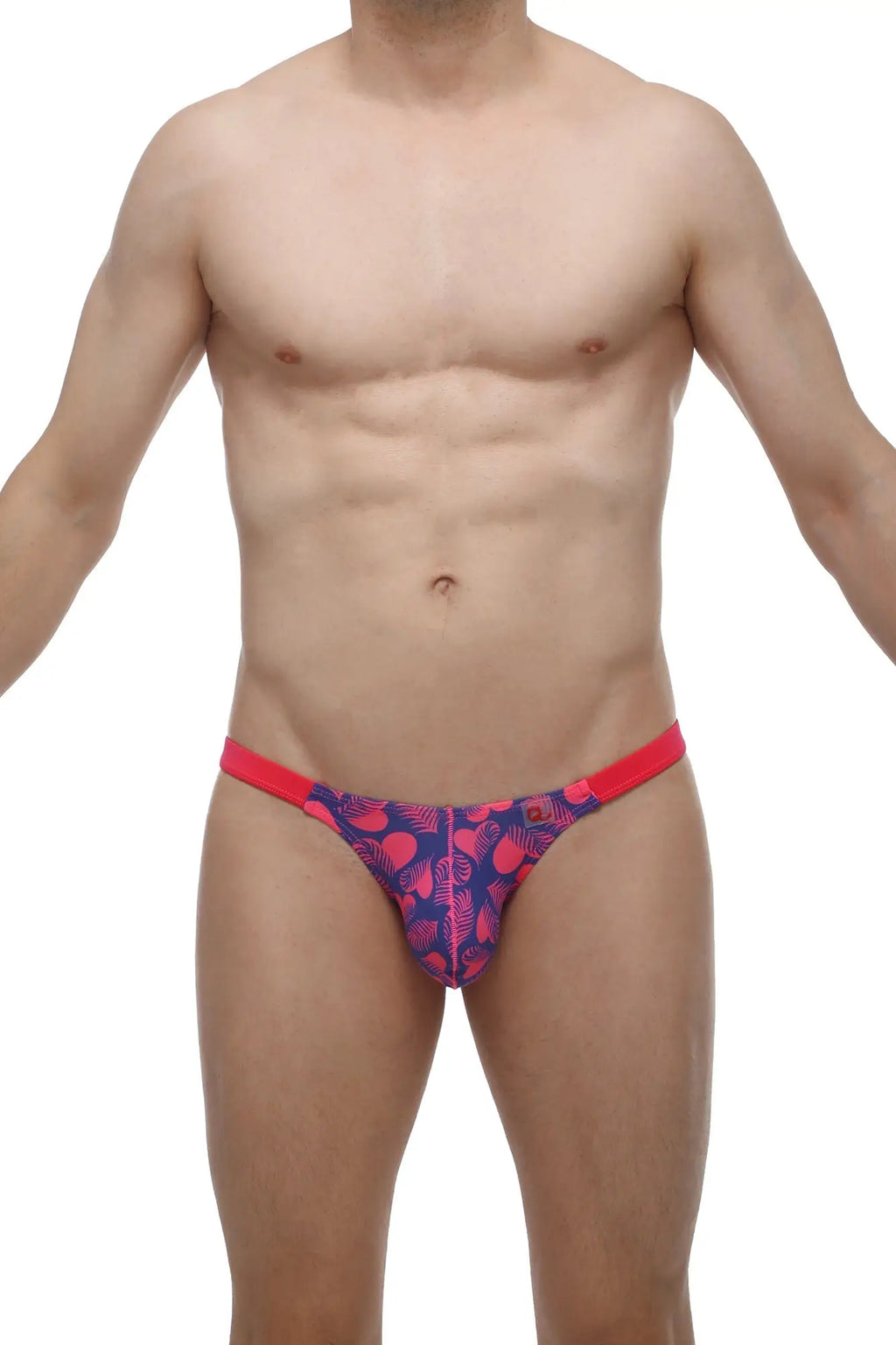 Mens vibrant tropical-patterned briefs petitq bikini bessas tropical hearts with red waistband and pink leaf motifs