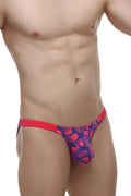 Vibrant pink and navy blue patterned thong with bold tropical leaf design from petitq bikini bessas tropical hearts collection
