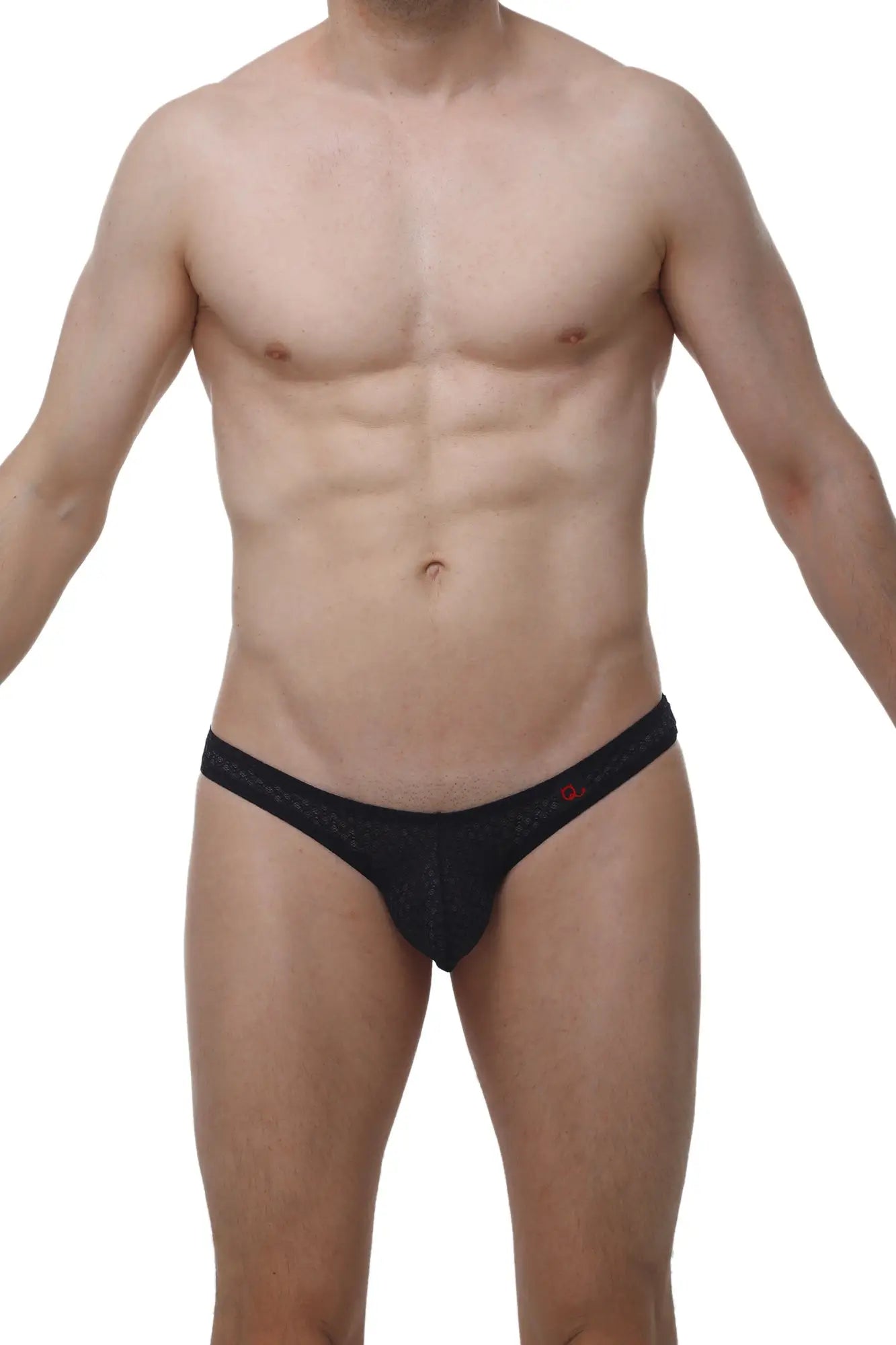 Petitq bikini capri macra black mesh briefs with a subtle red logo on the waistband visible from the back