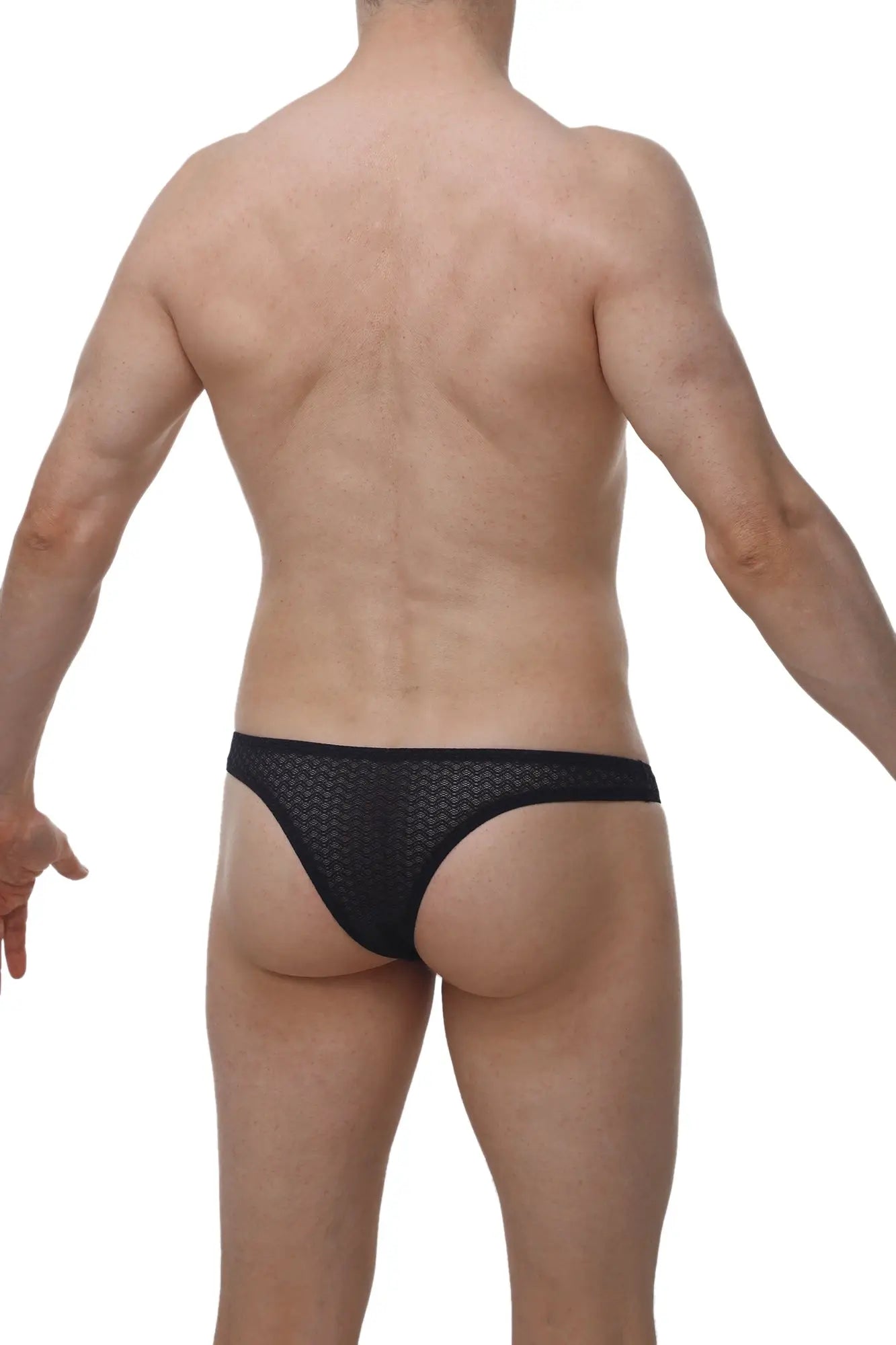 Black mesh PetitQ bikini capri briefs with textured patterned design showing the front side