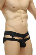 Petitq bikini carlat black men’s form-fitting underwear with distinctive cutout details and red logo on waistband
