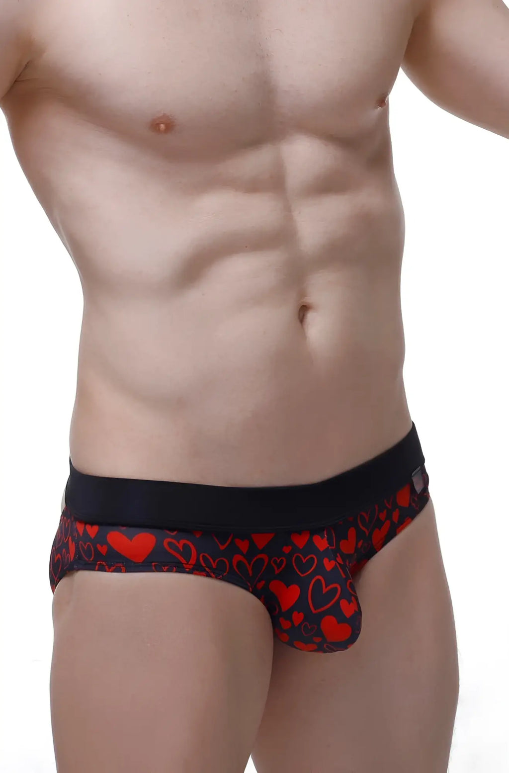 Black PetitQ bikini briefs with red heart pattern in ceron King of Hearts design