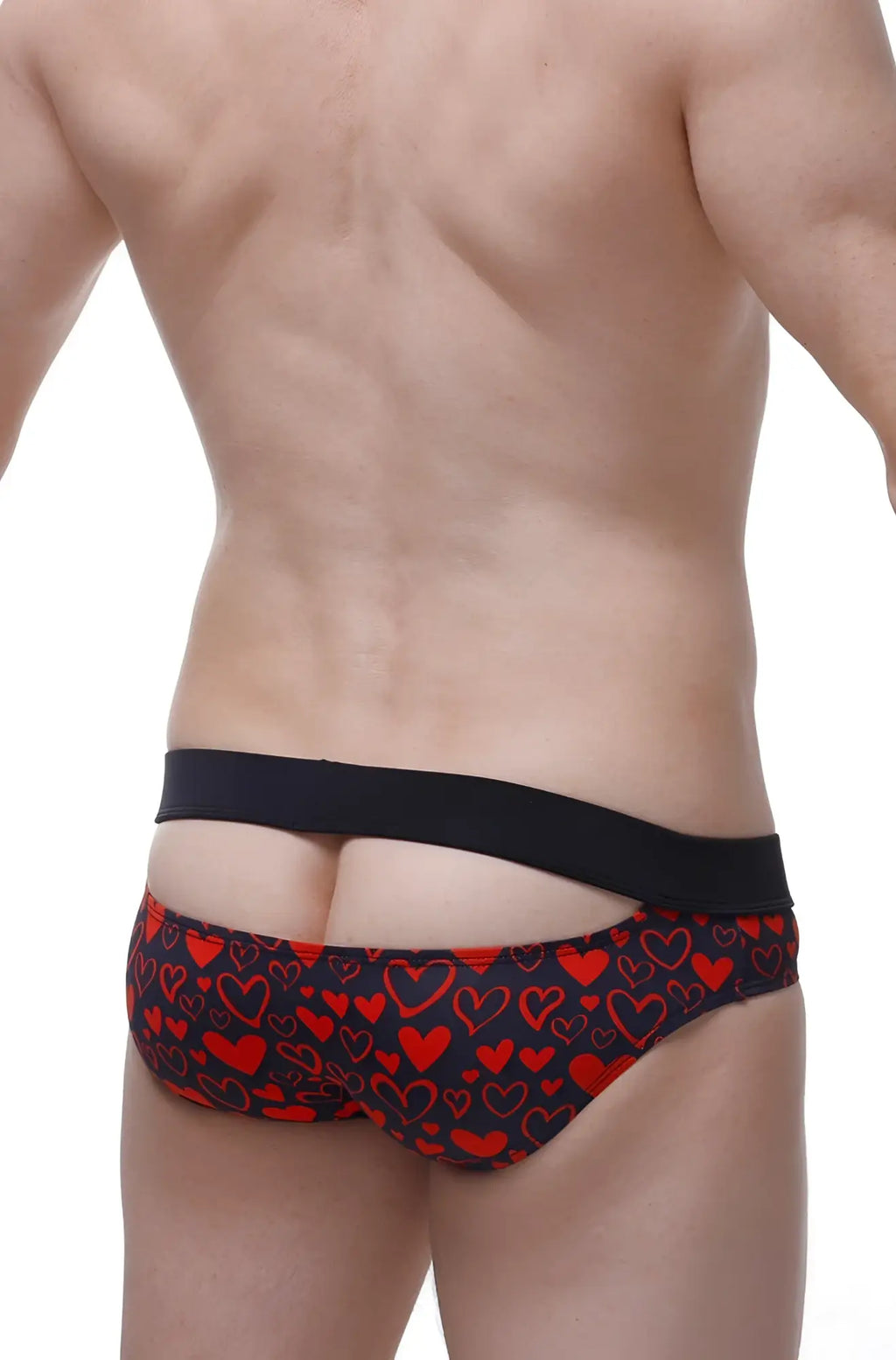 PetitQ bikini Céron King of Hearts men’s briefs in black and red heart pattern with solid black waistband